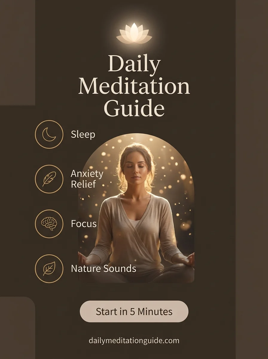 Daily Meditation Guide infographic showing four meditation categories (Sleep, Anxiety Relief, Focus, Nature Sounds) around a woman in lotus pose, with a Start in 5 Minutes call to action